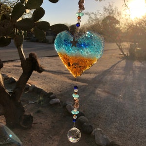 Ocean Suncatcher Heart-Beach Glass-Seashells-Glass Prism-Starfish-Coastal Decor-Gift for Her-Handmade Fused Glass Art