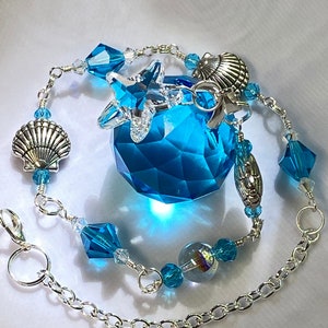 Crystal Suncatcher, Ocean Theme Crystal Suncatcher With Aqua Crystal Prism Globe, Window Décor, Hanging Crystal, Shell and Starfish Décor