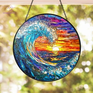 Sea Waves Stained Glass Suncatcher, Sunset On The Beach Window Hanging,Ocean Waves At Sunrise Suncatcher,Gift For Beach Lovers,Natural Gifts