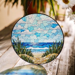 Coastal path ocean view round suncatcher beach stained glass window gift for beach lover friend
