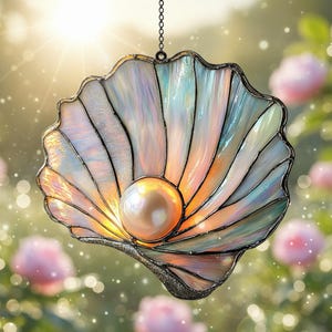 Iridescent Stained Glass Seashell Resin Suncatcher With Pearl, Coastal Window Hanging Art Decor, Unique Ocean Theme Gift