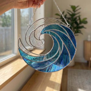 Ocean Wave Stained Glass Window Suncatcher, Handmade Coastal Decor, Modern Ocean Glass Accent for Living Space, Gift for Beach Lovers