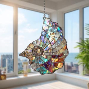 Iridescent Nautilus Seashell Suncatcher, Holographic Spiral Shell Window Hanging, Coastal Beach Home Decor, Ocean Lover Gift, NOT GLASS