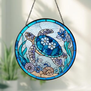 Sea Turtle Floral Stained Glass Suncatcher, Blue Turtle Window Hanging, Ocean Beach Suncatcher,Coastal Home Decor, Gift for Sea Turtle Lover