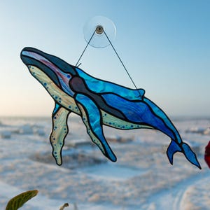 Humpback Whale Stained Glass Suncatcher, Nautical Blue Whale Decor, Ocean Life Window Hanging Art