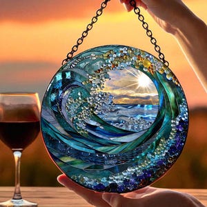 Ocean Wave Suncatcher, Stained Glass Sea Window Hanging, Coastal Sun Catcher Art, Beach Inspired Home Window Decor, Housewarming Gift