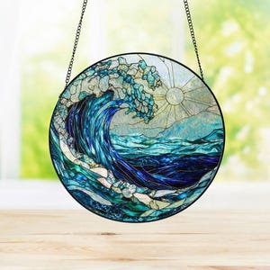 Ocean Wave Stained Glass Suncatcher, Beach Coastal Glass Suncatcher Handmade, Beach House Window Hanging, Ocean Suncatcher Gift