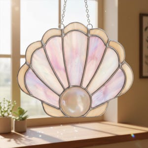 Seashell Pearl Stained Glass Suncatcher, Coastal Shell Window Hanging Decor, Beach House Gift for Ocean & Mermaid Lovers