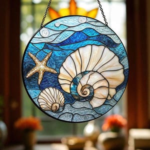 Seashell Stained Glass Suncatcher, Beach Window Hanging Decor, Coastal Ocean Sun Catcher, Summer Shell Window Suncatcher, Wall Decor