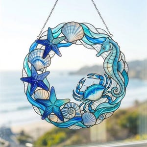 Blue Ocean Wreath Suncatcher Wreath, Seahorse, Starfish & Crab Window Hanging, Nautical Beach House Decor, Coastal Gift