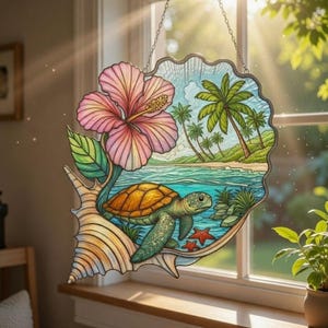 Tropical Sea Turtle and Hibiscus Acrylic Suncatcher, Beach Themed Window Decor, Ocean Inspired Hanging, Gift for Ocean Lovers