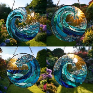 Ocean Wave Stained Glass Suncatcher, Handmade Beach Coastal Window Hanging, Ocean Suncatcher Gift For Beach House & Coastal Decor