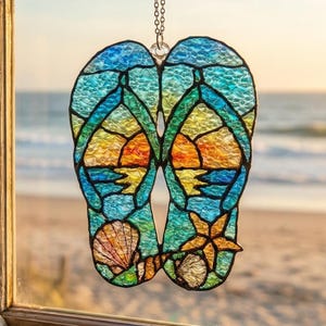 Flip Flops Sunset Suncatcher, Summer Window Hanging, Beach FlipFlops Sunset Decor, Seashell & Starfish Acrylic Art, Ocean Lover Gift