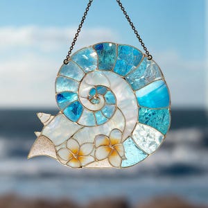 Nautilus Shell Stained Glass Suncatcher, Coastal Ocean Window Hanging Decor, Beach House Sun Catcher Gift