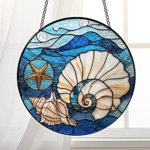 Seashell Stained Glass Suncatcher, Beach Window Hanging Decor, Coastal Ocean Sun Catcher