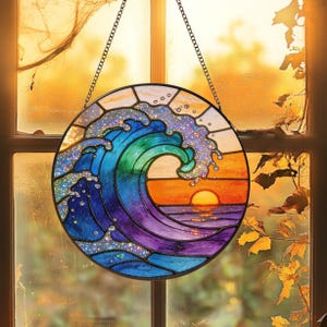 Ocean Wave Stained Glass Suncatcher,Sunrise Sunset Window Hanging Decor,SunCatcher Gifts for Nature Lover,Beach House Decor,Coastal Ornament
