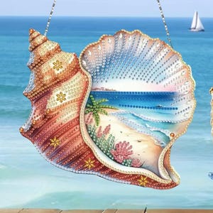 Seashell Sun Catcher DIY, Single Sided Diamond Painting Kit, Coastal Beach Scene