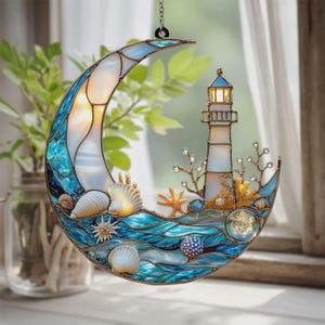 Crescent Moon Suncatcher, Lighthouse Ocean Stained Glass Style, Beach Themed Acrylic Window Hanging, Nautical Coastal Decor Gift