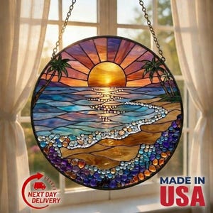 Beach Sunset Stained Glass Suncatcher, Custom Coastal Window Hanging Decor, Ocean Wave Art, Tropical Paradise Decor, Beach Lover Gift