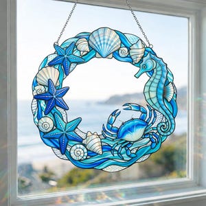 Ocean Wreath Acrylic Suncatcher, Seahorse Starfish Crab Window Hanging, Nautical Beach Decor, Coastal Window Ornament, Beach House Gift
