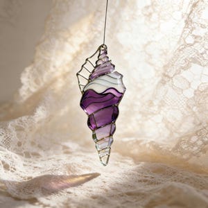 Handmade Stained Glass Seashell Suncatcher•Purple & White Wave Pattern•Hanging Window Decor•Nautical Bathroom Accent• Gift for Beach Wedding