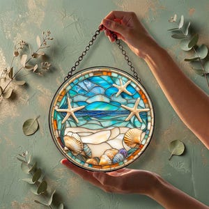 Seashells Round Suncatcher Coastal Beach Seashell Window Hanging Ocean Inspired Stained Glas Sun Catcher Summer Beach House Decor suncatcher