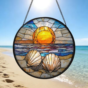 Seashell Stained Glass Suncatcher,Coastal Beach Window Hanging,Ocean Sun Catcher